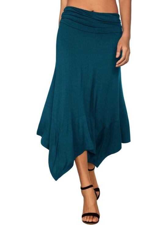 Women's Teal Green Flowy Handkerchief Hemline Romantic Hanky Hem Midi Skirt - Picture 5 of 5